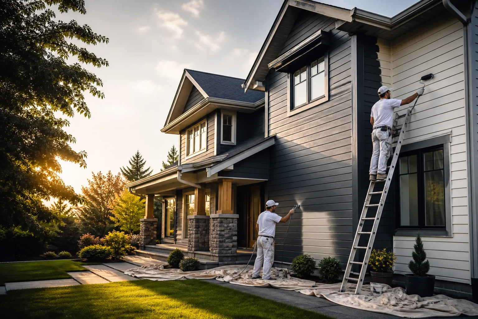 Professional siding painting service on a home